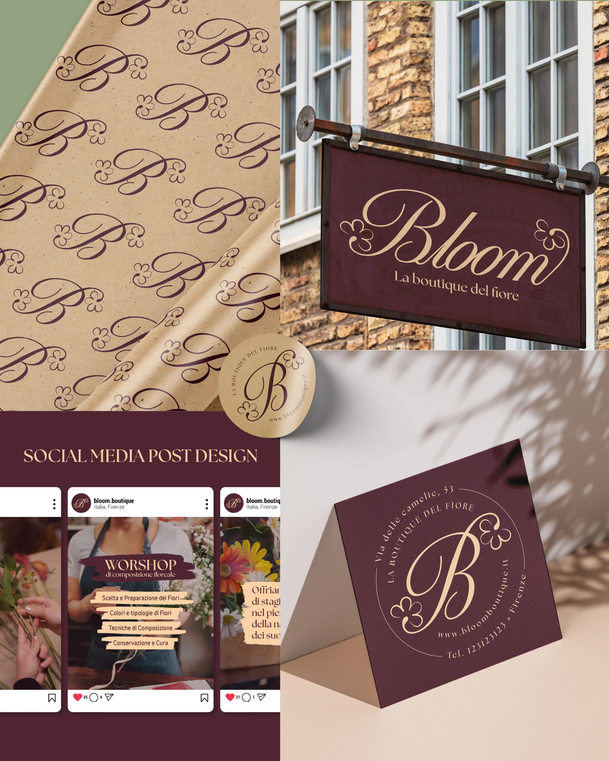 Identità Bloom: insegna, monogramma, carta con pattern e applicazioni digitali