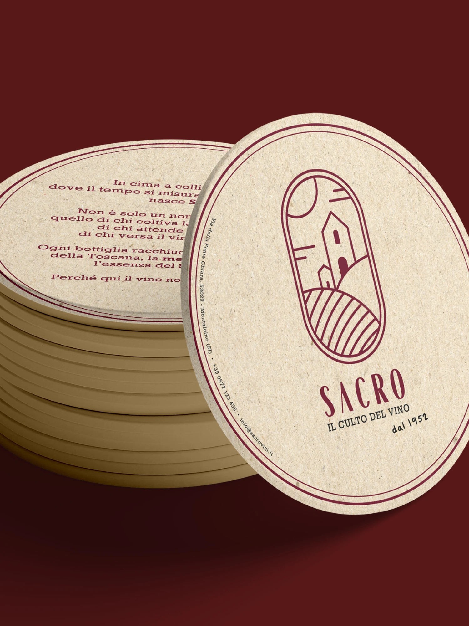Mockup di sottobicchieri Sacro con il simbolo del paesaggio stilizzato