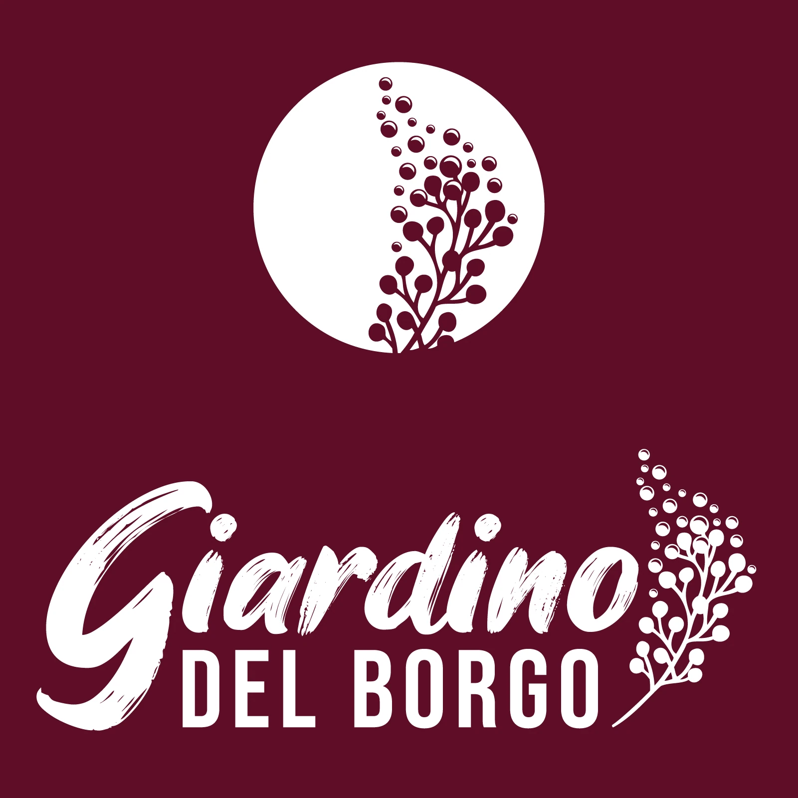 Logo Giardino del Borgo e simbolo vegetale su fondo bordeaux