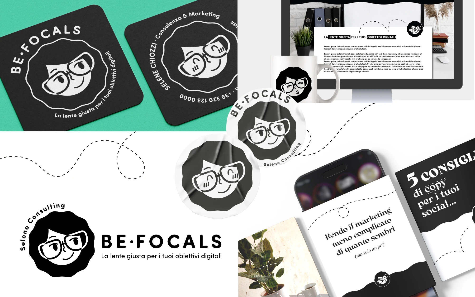 Logo Be Focals applicato a biglietti, tazza, adesivi e contenuti digitali