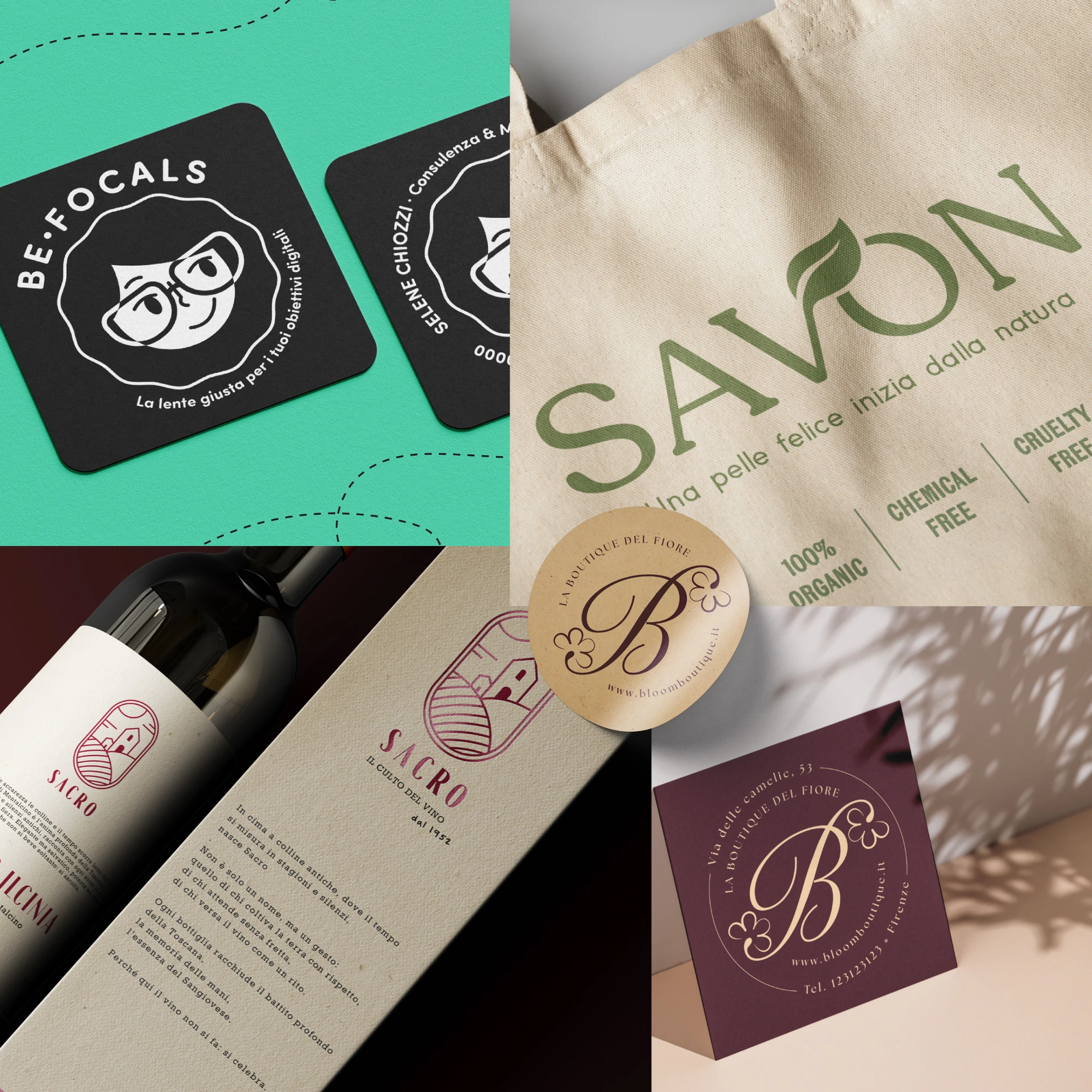 Applicazioni di identità visiva dei progetti Be Focals, Savon, Sacro e Bloom