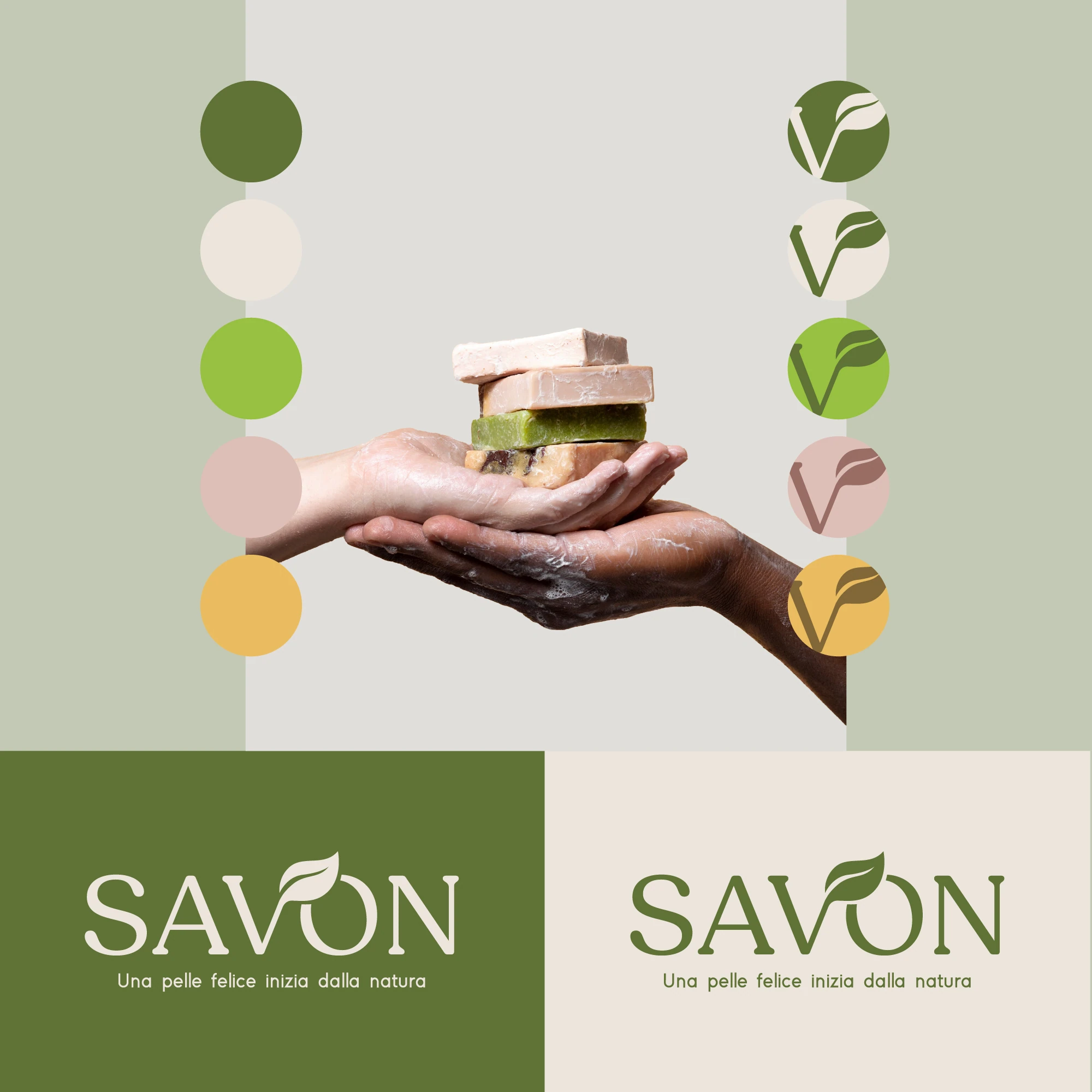 Logo Savon, palette colori e simbolo della foglia accanto ai saponi