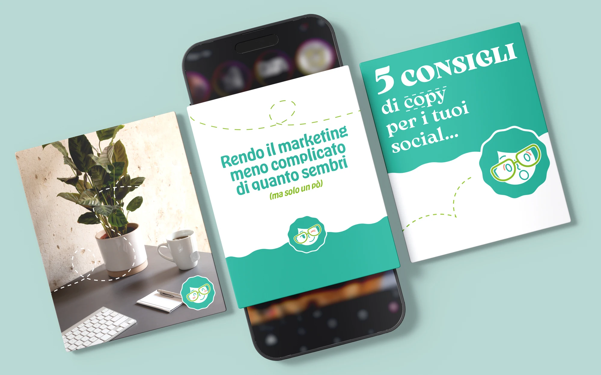 Mockup di contenuti digitali Be Focals su smartphone e post social